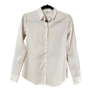 Uniqlo Womens Size Small White Pink Stripe Button Down Career Shirt